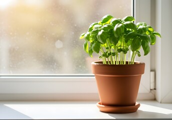 Fototapeta premium Fresh Basil Plant in a Small Pot on a Bright Kitchen Counter with Natural Light. Organic Herb for Cooking and Home Gardening