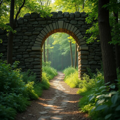 Obraz premium Stone Archway Leading to a Sunlit Forest Path