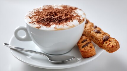 Obraz premium Closeup of a Cappuccino with Chocolate Topping and Biscotti Cookies on a White Plate