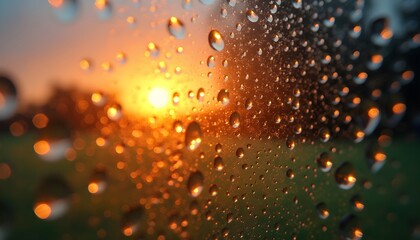 A close-up of water droplets on a window with a blurred sunset background
