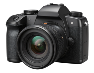 Untitled design - 3D Rendered Icon of a Black DSLR Camera with Visible Lens and Grip, Transparent Background