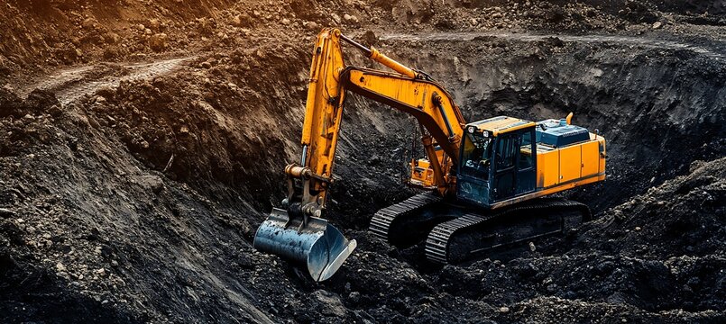 A powerful backhoe loader excavating soil at a busy construction site with space for branding