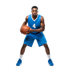 Young african american basketball player in blue uniform holding a ball isolated on transparent background