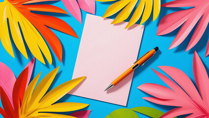 Colorful paper leaves and writing tool on blue tropical pink
