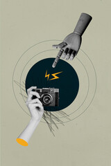 Image 3d zine vertical collage of human hand hold earphones box retro camera shooting coffee cup...