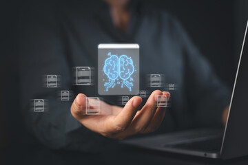 machine learning interface shows entrepreneur reviewing document metrics in coworking space, revealing automated insights and how cloud analytics boosts results
