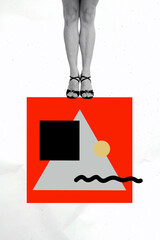 Trend template sketch design photo collage of woman body legs stand rectangle triangle ball shapes...