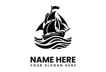 A stylized black and white logo featuring a sailing ship on stylized waves, with placeholder text below.