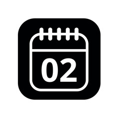 White hollowed out calendar icon isolated on black background for websites and graphic resources. Calendar flat icon with specific day marked, day 02.