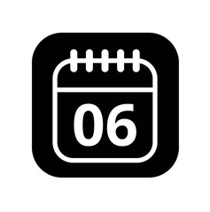 White hollowed out calendar icon isolated on black background for websites and graphic resources. Calendar flat icon with specific day marked, day 06.
