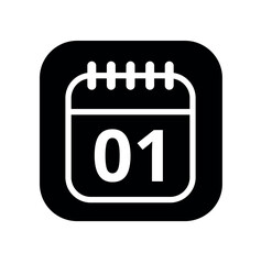 White hollowed out calendar icon isolated on black background for websites and graphic resources. Calendar flat icon with specific day marked, day 01.