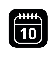White hollowed out calendar icon isolated on black background for websites and graphic resources. Calendar flat icon with specific day marked, day 10.