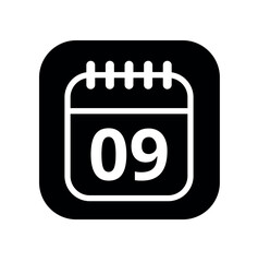White hollowed out calendar icon isolated on black background for websites and graphic resources. Calendar flat icon with specific day marked, day 09.