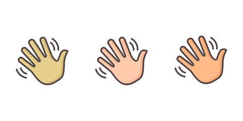 hands waving icon. vector illustration Waving hand icons, set of waving handd in various skin tones, emoji greeting, bye bye hand waving, paying attention, emoji, icon hand wave