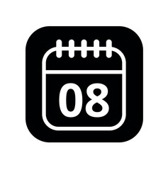White hollowed out calendar icon isolated on black background for websites and graphic resources. Calendar flat icon with specific day marked, day 08.