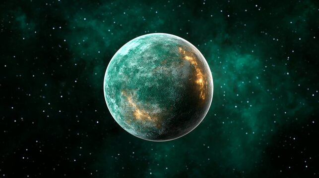 GCI Rendering of Extrasolar Planet Green Continents and Golden Lights in Space