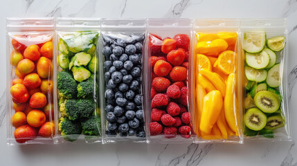 Colorful Assortment of Pre Portioned Fruits and Vegetables in Plastic Bags