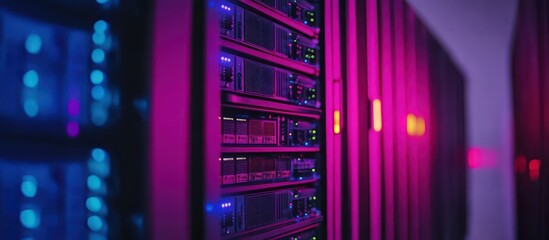 Naklejka premium Fiber optic cables illuminating a server rack in a data center, symbolizing high-speed communication and information technology