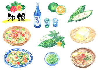 沖縄グルメの水彩イラストセット – ソーキそば・ゴーヤチャンプルー・タコライス・泡盛など