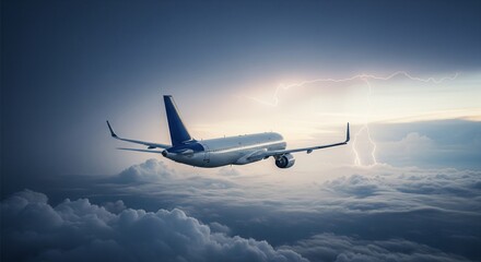Obraz premium Side view of airplane cruising above storm clouds with lightning in the distance