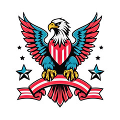 Majestic american bald eagle with stars and stripes emblem on black background