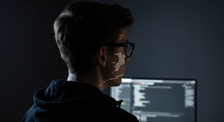 Digital Identity Concept: Young Man Coding with Abstract Data Overlay on Face