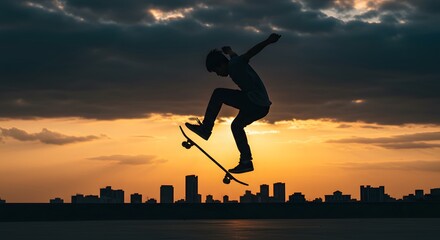 Skateboarder Silhouette Performing Trick Against Vibrant Sunset Sky and Urban Cityscape