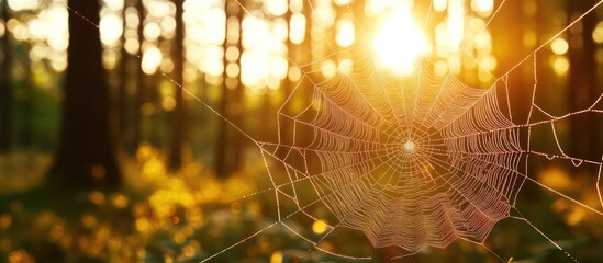 A macro closeup of a spider web in the morning, adorned with sparkling dew drops, creating an intricate wet pattern in nature's trap