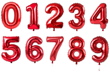 Metallic red number balloons on a white background.