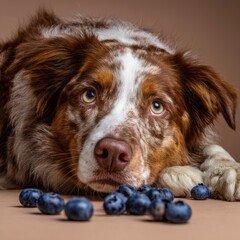Brown and white dog's curious expression creates an endearing moment with fresh blueberries on a soft beige backdrop