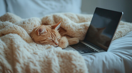 Orange tabby cat sleeping under blanket with laptop