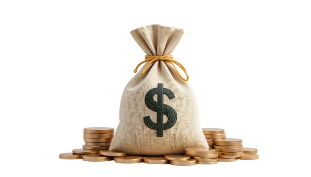 Photo of Money Bag with Stacked Coins | Wealth and Finance Concept isolated on transparent background