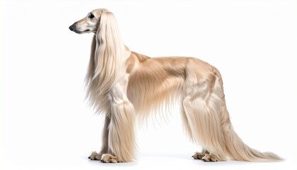 A long haired Afghan Hound with flowing coat standing in profile view isolated on a solid white