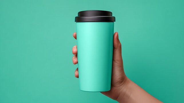 Hand holding a teal reusable coffee cup with a black lid against a teal background