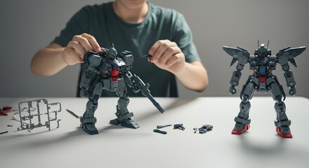 Hobbyist assembling a detailed plastic robot model kit on a white table, showcasing the intricate process of building sci-fi figures.