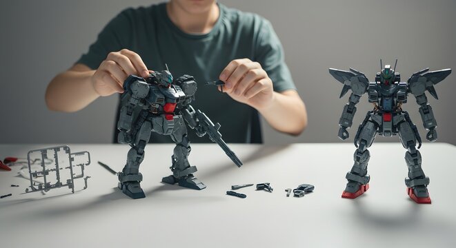 Hobbyist assembling a detailed plastic robot model kit on a white table, showcasing the intricate process of building sci-fi figures.