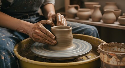 Close-up of Potter's Hands Shaping Wet Clay on a Spinning Wheel, Crafting a Ceramic Pot in a Creative Workshop