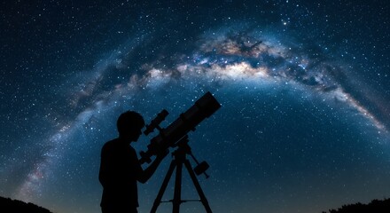 Fototapeta premium Stargazing Under Milky Way: Silhouette with Telescope and Cosmic Night Sky