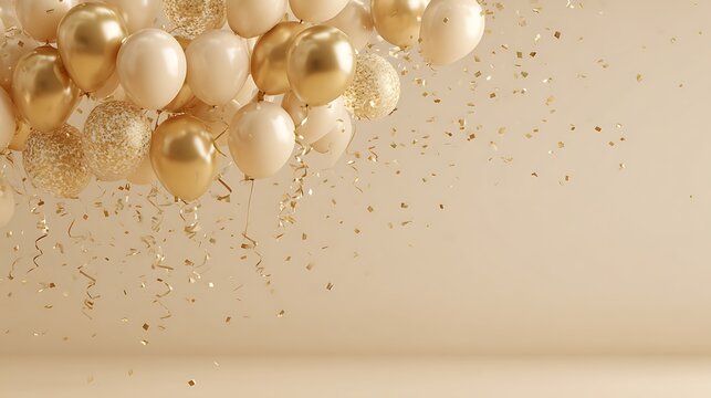 Elegant gold and cream balloons with falling confetti and streamers