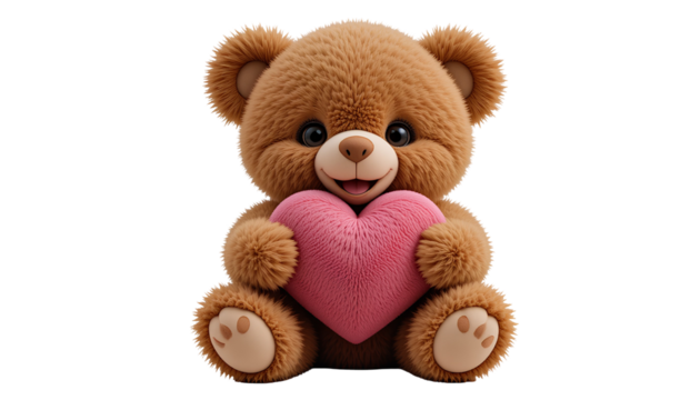 Cute Fluffy Brown Teddy Bear Holding Heart Pillow Smiling | Adorable Gift Idea