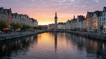 Fototapeta premium European city canal at sunset.