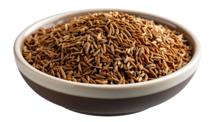 Cumin in bowl isolated on transparent background.
