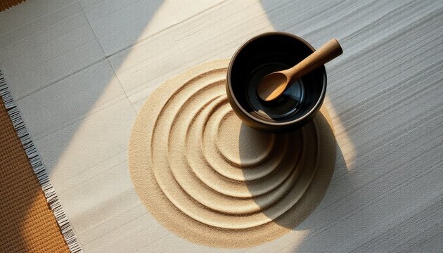Ceramic bowl with wooden spoon and zen sand patterns on table  