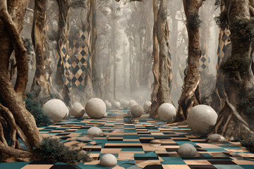 A surreal path through a misty forest with harlequin-patterned trees and stone spheres on a broken checkerboard floor