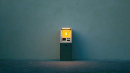 Bitcoin ATM stands against a plain wall with a glowing screen displaying a bitcoin logo. Concept: Cryptocurrency technology and digital finance