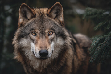 A photograph of an adult wolf in the forest