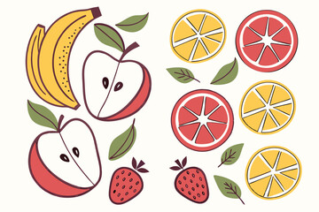 Bright Fruit Icon and Pattern Set Featuring Apple and Other Fruits