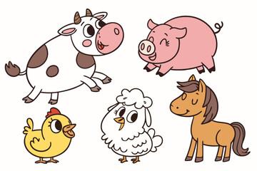 Cute Farm Animal Illustration Bundle Cow and Pig Vector Design