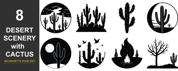 Collection of eight desert scenery illustrations featuring various cactus types and natural elements silhouette