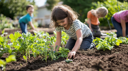 A community garden with families planting vegetables together, with children excited to help, fresh soil, and green plants creating a lively and nurturing space. —ar 16:9 